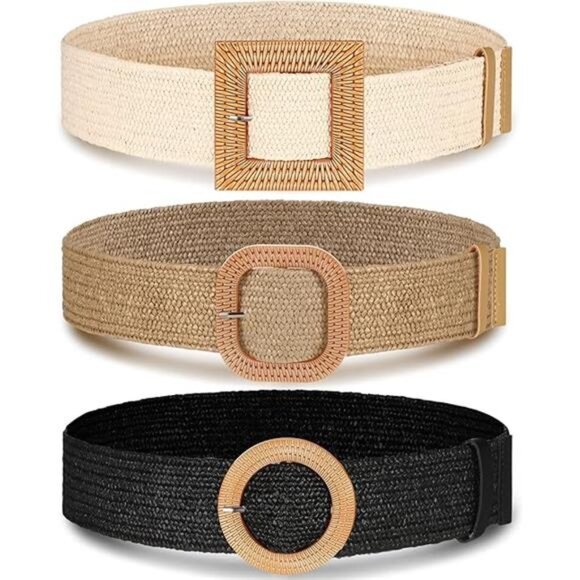 3 Pieces Straw Woven Elastic Waist Belt for Women Bohemian Dress Braided main image 4